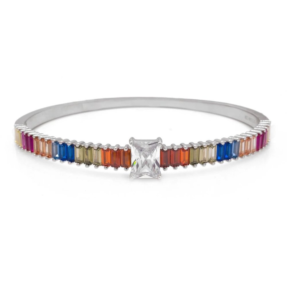 Rainbow CZ Bracelet 925 Sterling Silver Bangle w/ Emerald Cut Simulated Diamond
